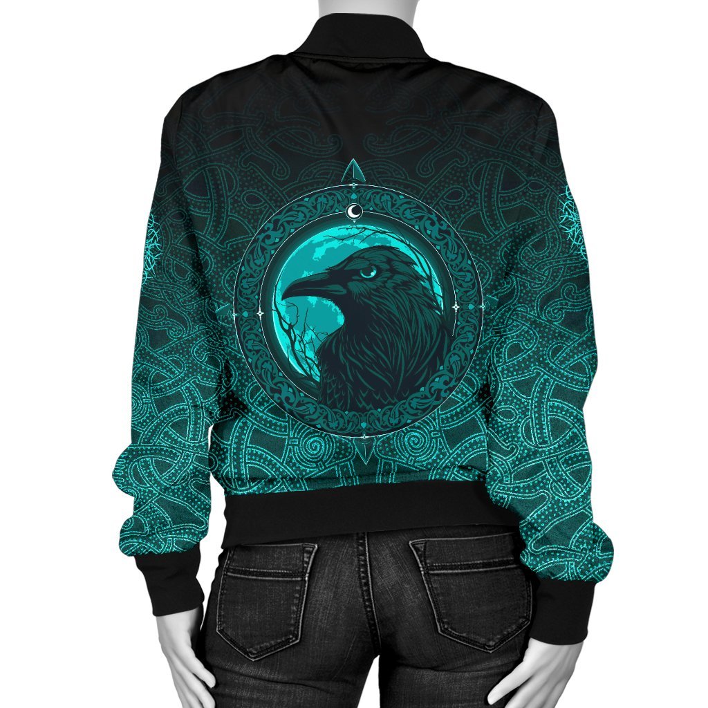 Viking Bomber Jacket Ethnic Odin Raven Cyan Style Ver02