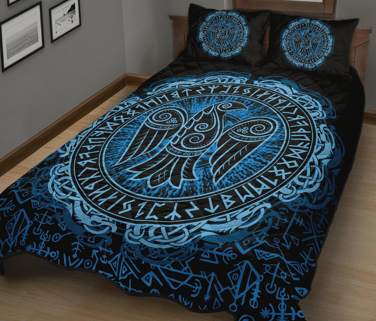 Viking Quilt Bedding Set Raven Celtic Cyan