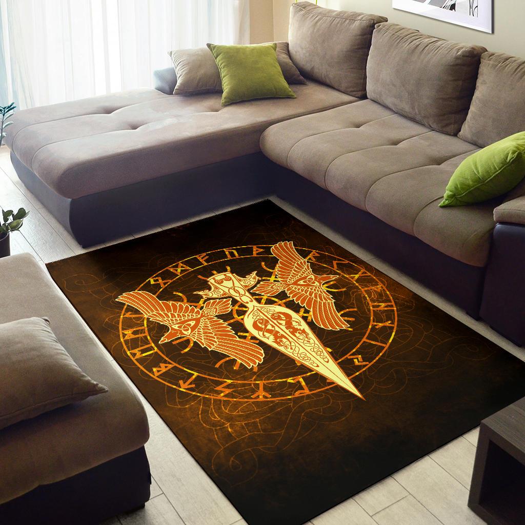 Viking Area Rug Gold Spear Of The God Odin Gungnir And Two Gold Ravens