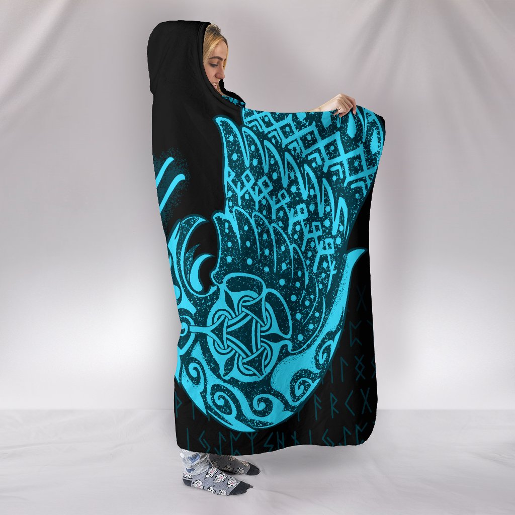 Viking Hooded Blanket Raven Tattoo Cyan Style