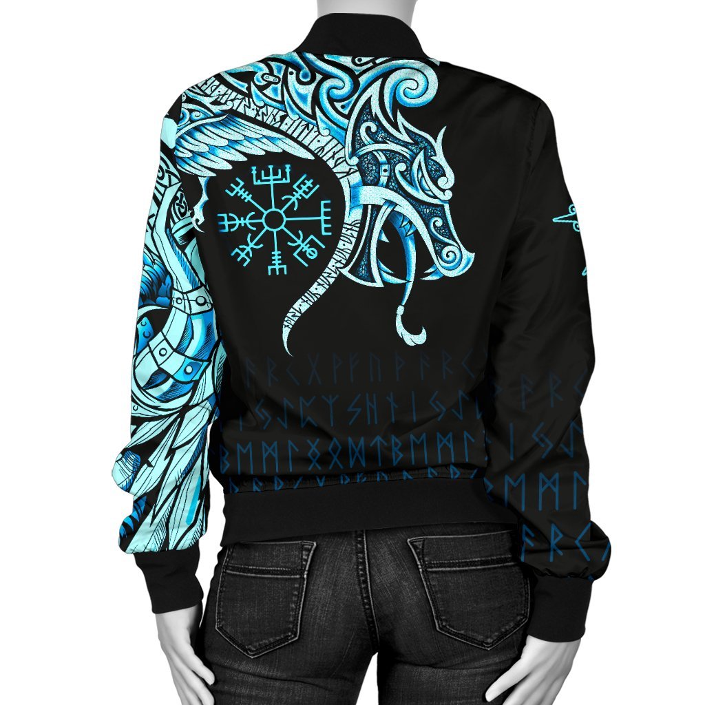 Viking Bomber Jacket Fenrir Raven And Vegvisir Tattoo Cyan Style Ver02