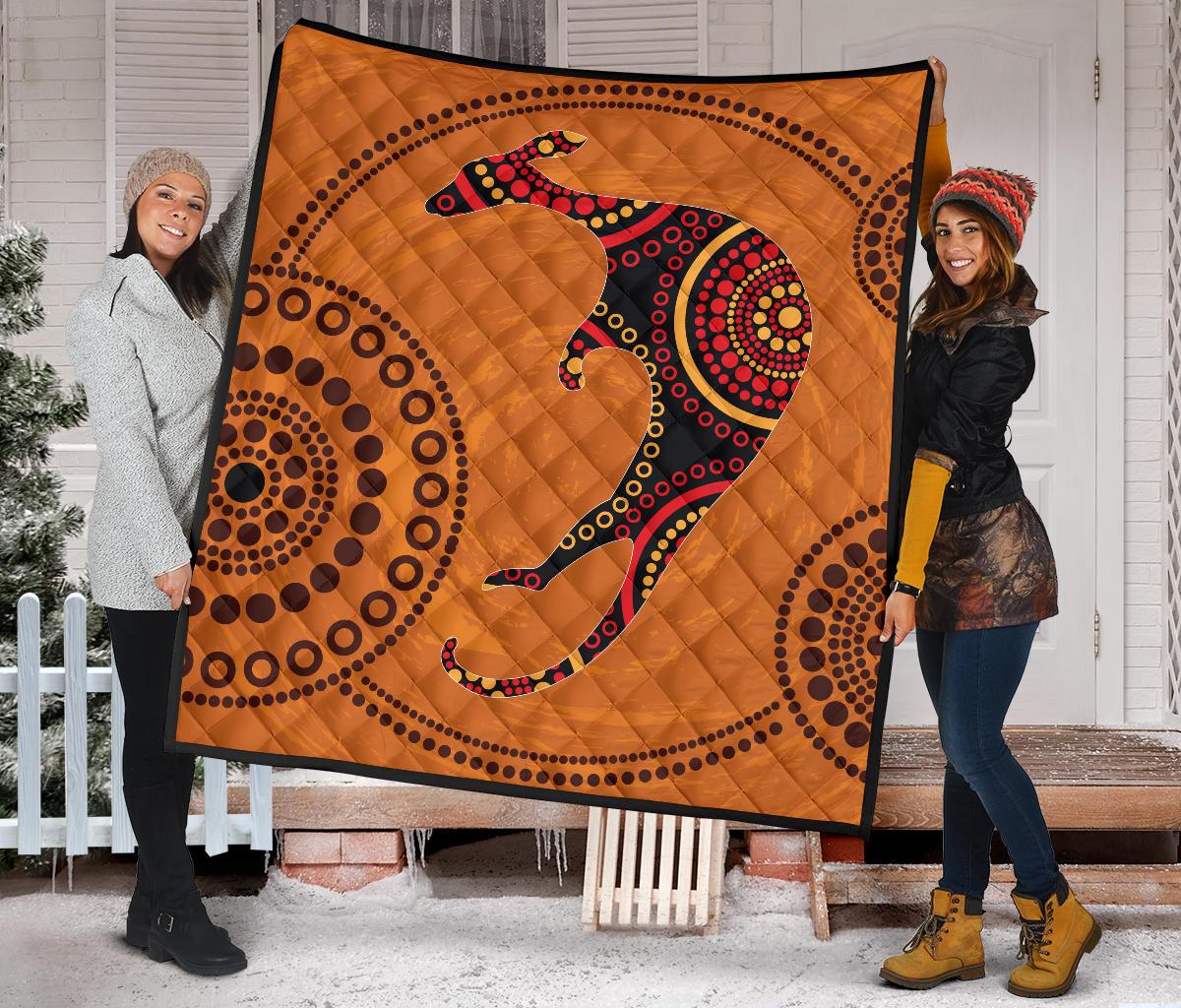 Aboriginal Premium Quilt - Australia Kangaroo Orange Dot Painting Art