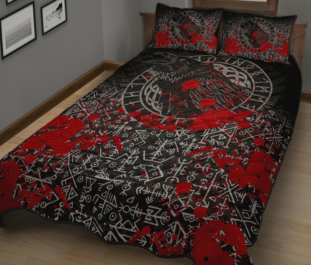 Viking Quilt Bedding Set Odin Raven Rune Futhark Blood