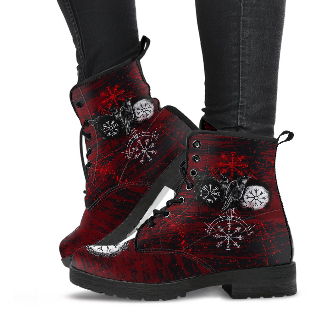 Viking Leather Boots Raven of Odin and Symbol on Blood Background Style Ver02