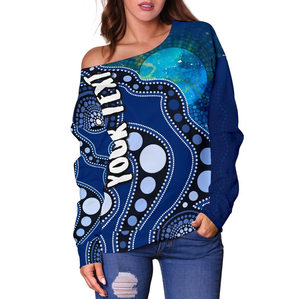 (Custom Text) Aboriginal Women's Off Shoulder Sweater - Australia Indigenous Flag Circle Dot Painting Art (Blue)