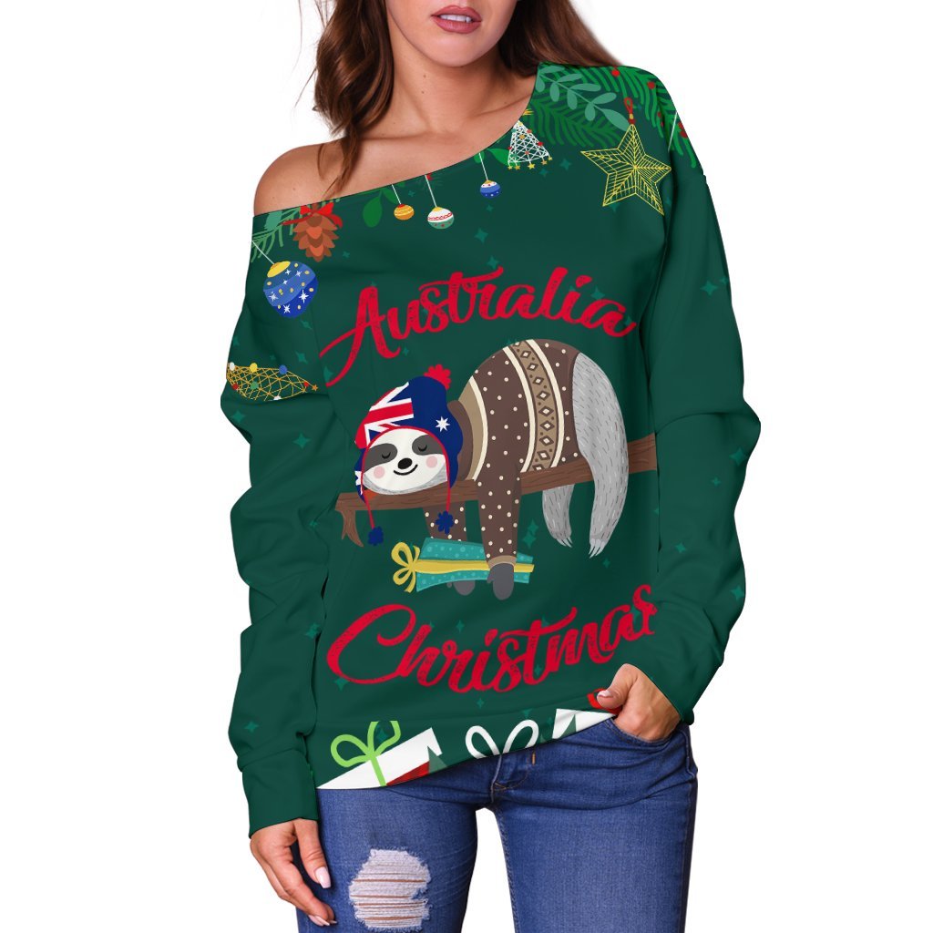 Australia Christmas Women's Off Shoulder Sweater Green - Merry Christmas