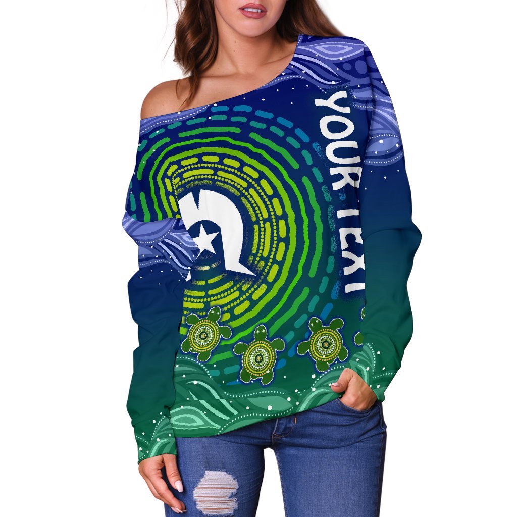 (Custom Text) Torres Strait Islanders Women's Off Shoulder Sweater - Aboriginal Turtle