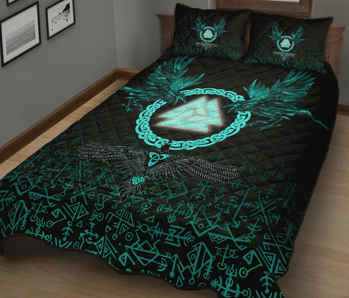 Viking Quilt Bedding Set Three Raven and Valknut Cyan