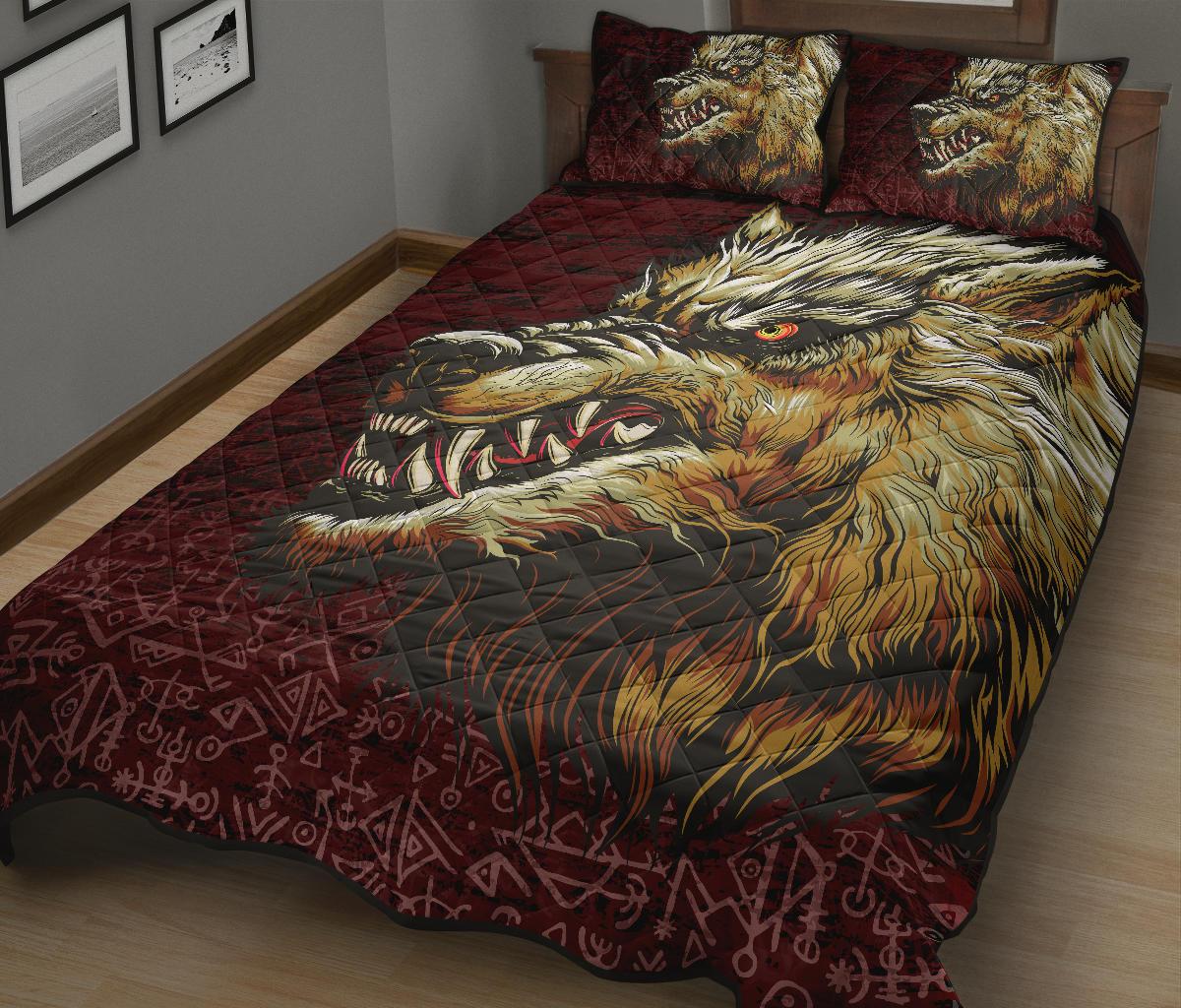 Viking Quilt Bedding Set Fenrir On The Blood Moon Background