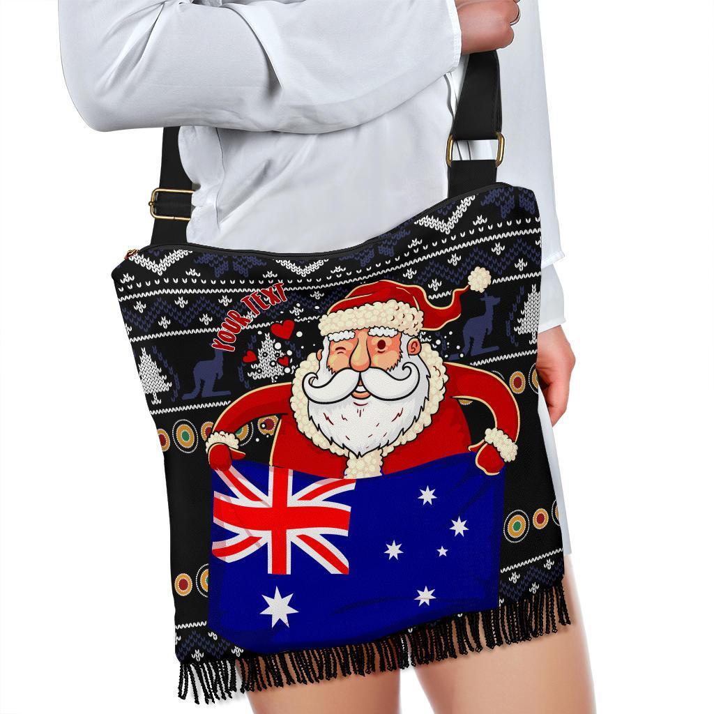 Christmas Personalised Crossbody Boho Handbag - Australia Santa Claus Hold The Flag ( Black)