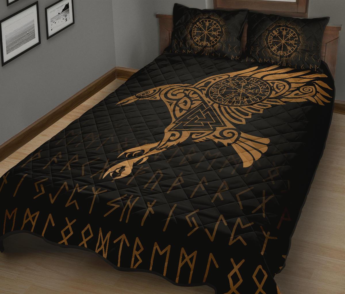 Viking Quilt Bedding Set Raven Tattoo Gold