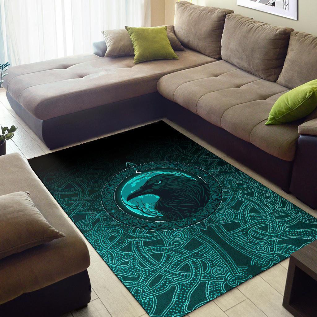 Viking Area Rug Ethnic Odin Raven Cyan