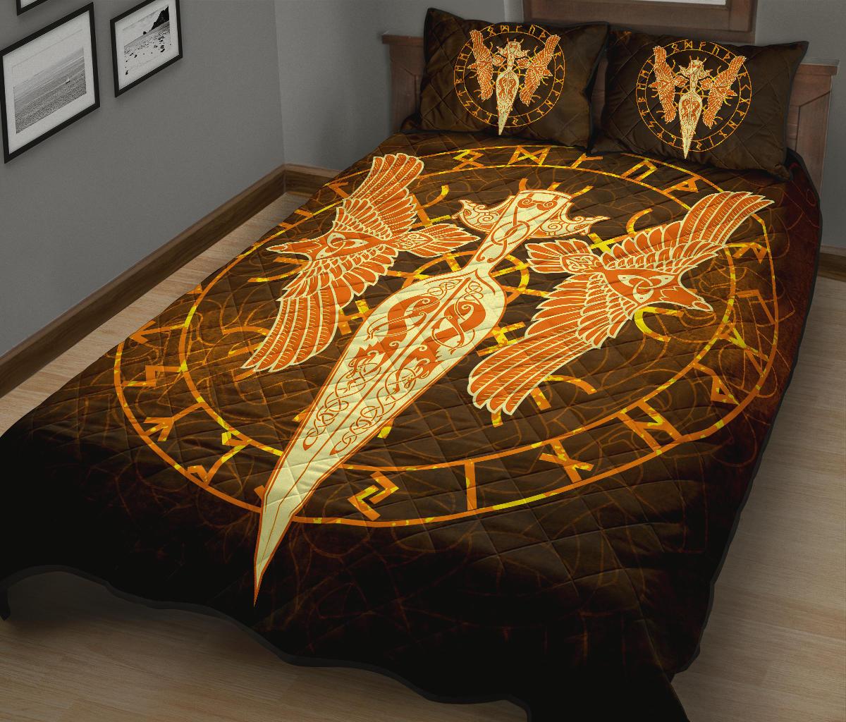 Viking Quilt Bedding Set Gold Spear Of The God Odin Gungnir And Two Gold Ravens