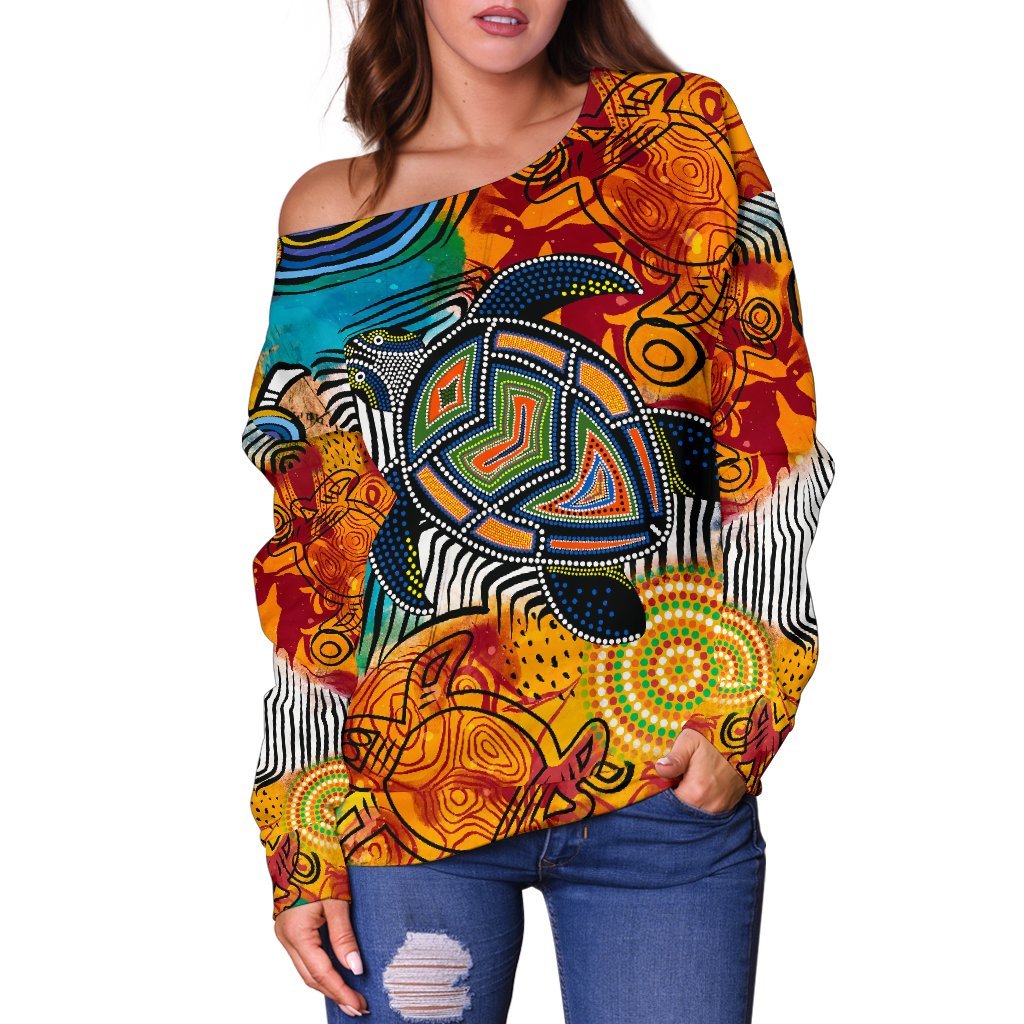 Aboriginal Off Shoulder Sweater - Turtle Indigenous Art