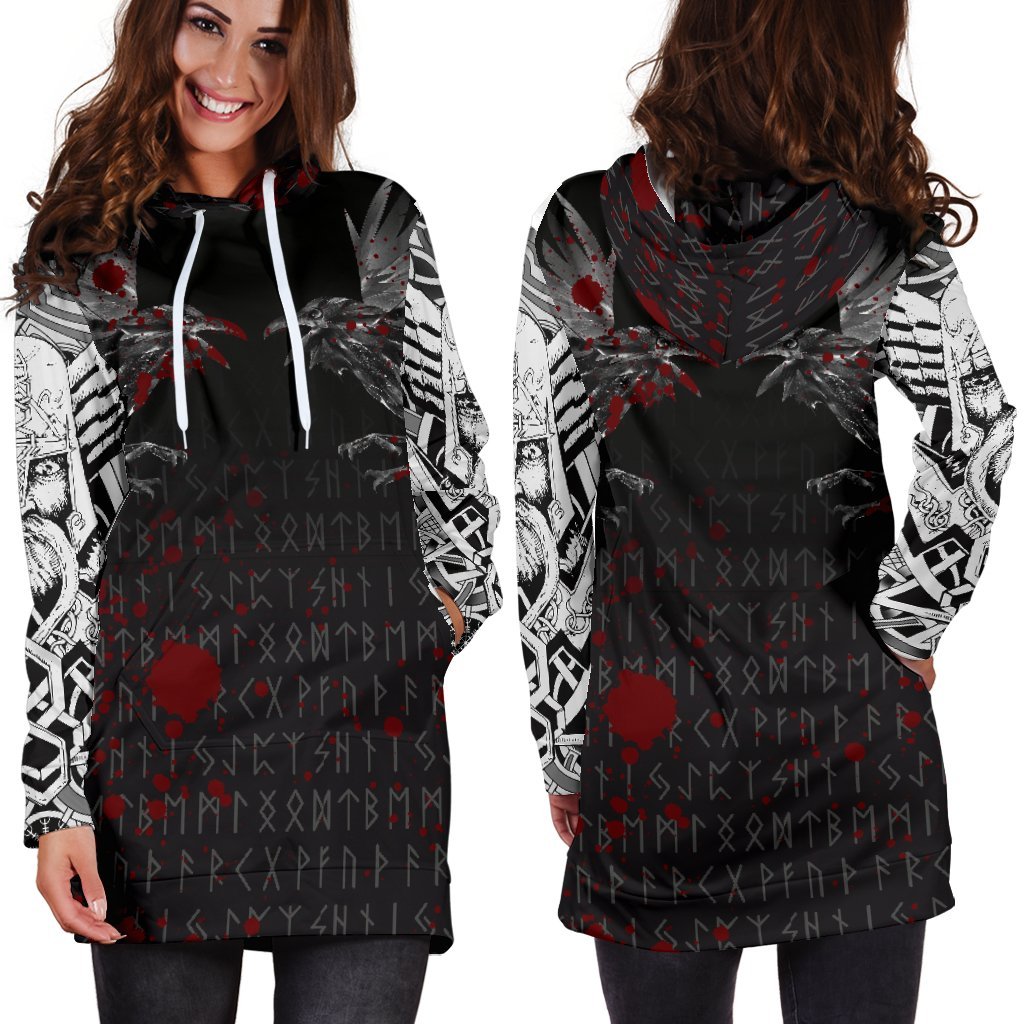 Viking Hoodie Dress Odin Huginn and Muninn Rune Blood