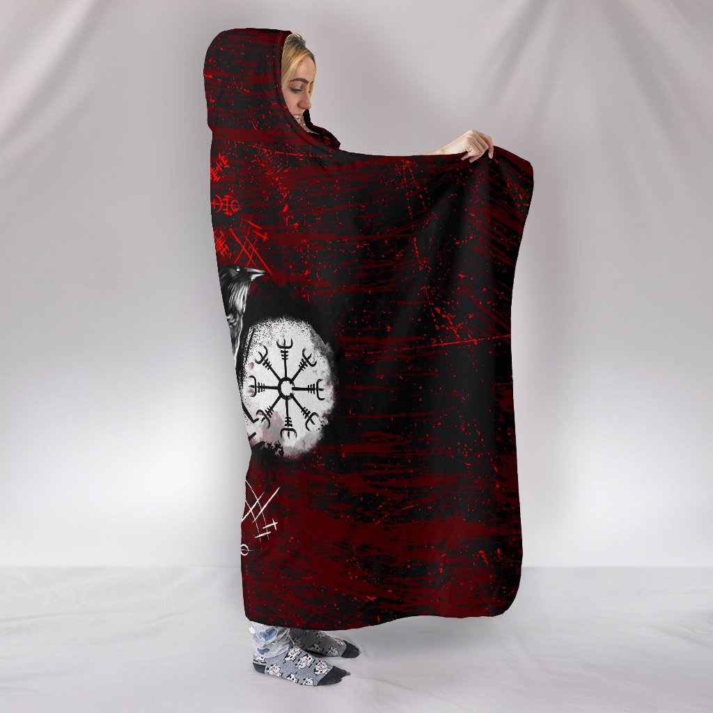 Viking Hooded Blanket Raven of Odin and Symbol Viking on Blood Background Ver02