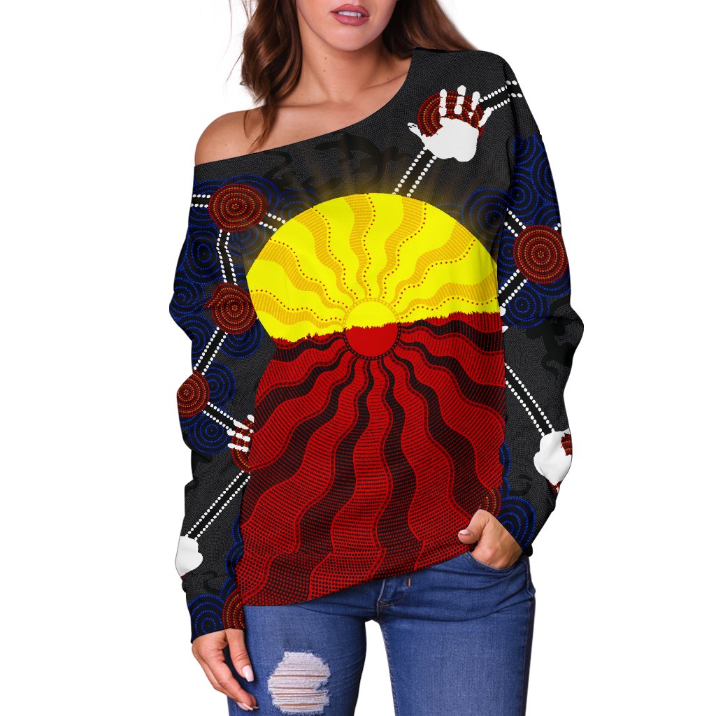 Aboriginal Women's Off Shoulder Sweater, Aboriginal Lives Matter Flag Sun Dot Painting