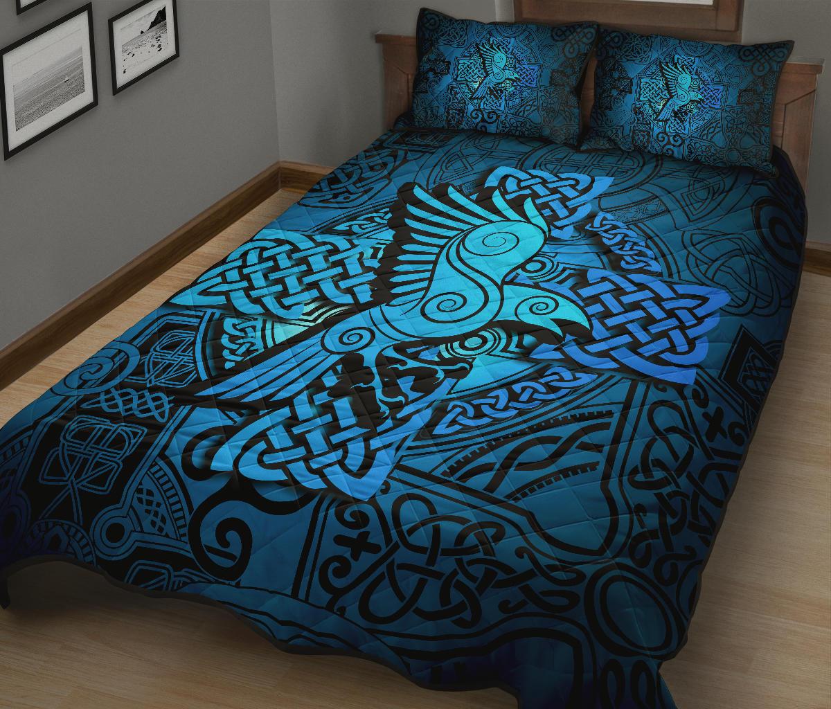 Viking Quilt Bedding Set Raven Odin Celtic Cyan