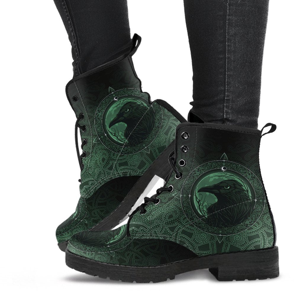 Viking Leather Boots Ethnic Odin Raven Green