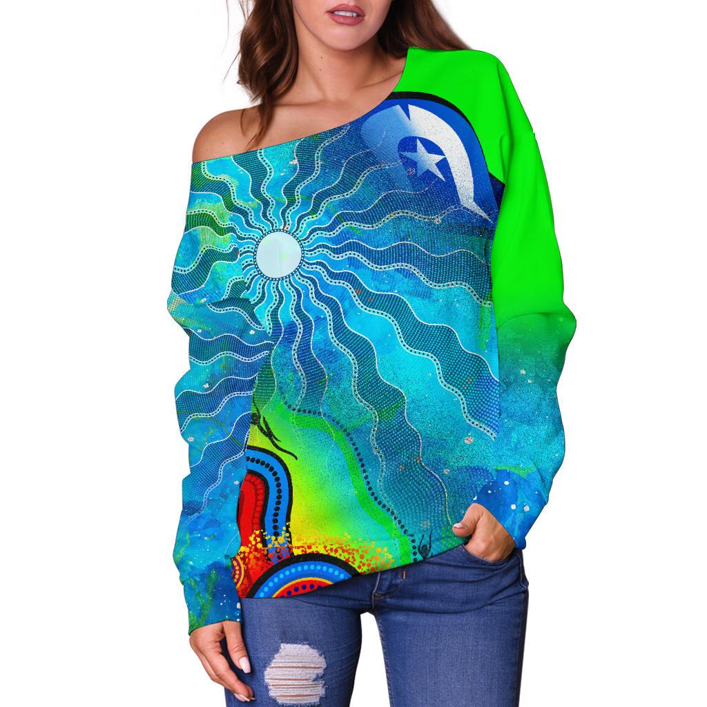 Off Shoulder Sweater - Torres Strait Islanders Flag with Aboriginal Patterns Sweater