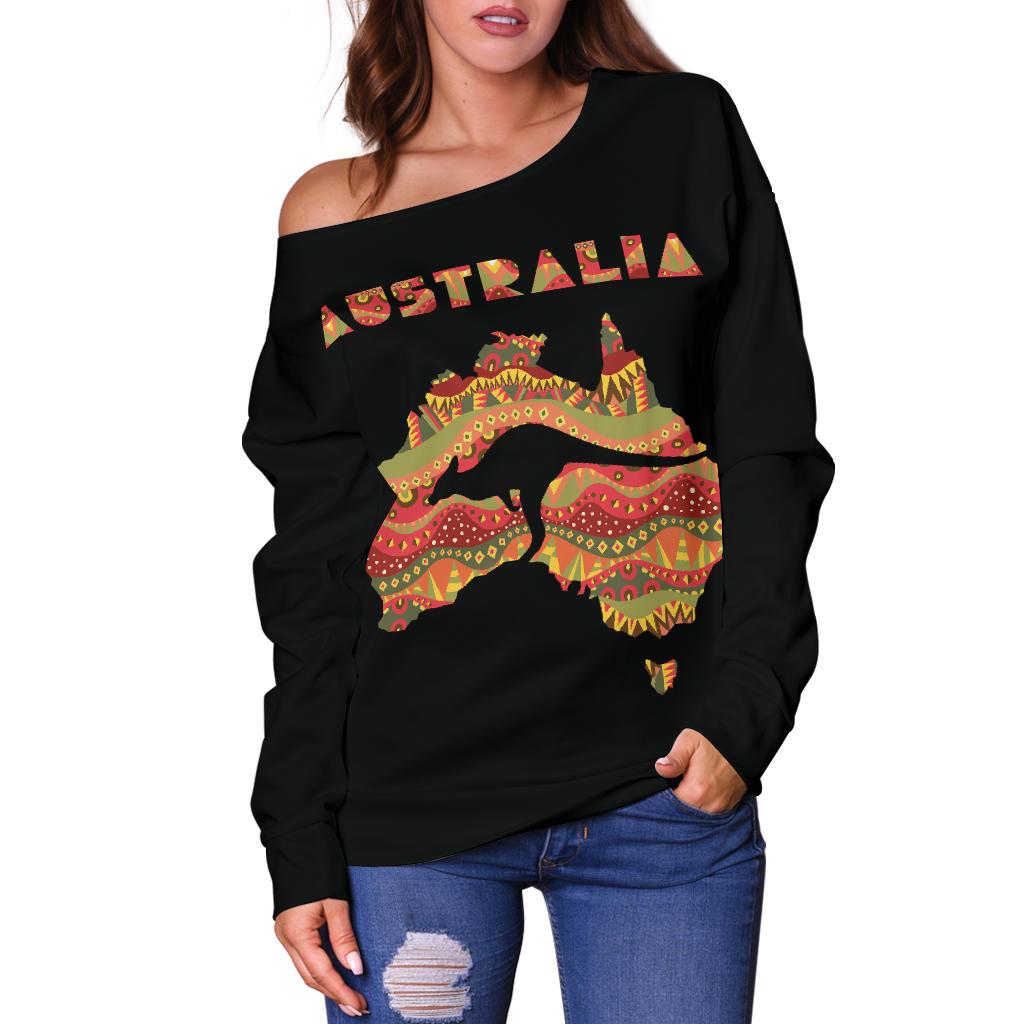 Women's Off Shoulder Sweater - Australia Map Sweater Kangaroo Aboriginal Patterns