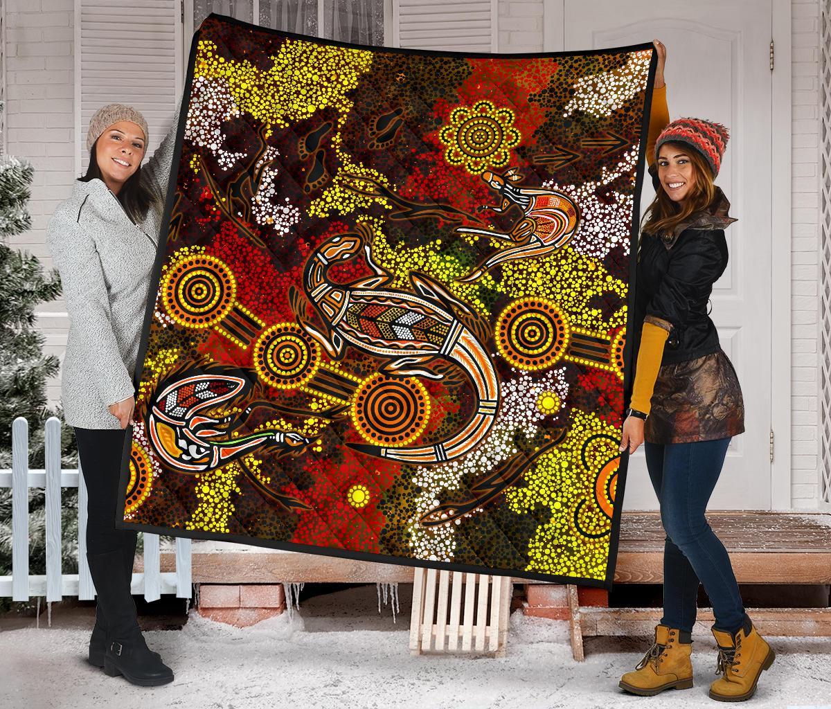 Aboriginal Premium Quilt - Kangaroo and Lizard Dot Painting Art