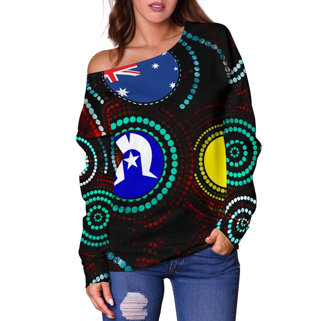 Off Shoulder Sweater - Aboriginal Dot Painting & Flag