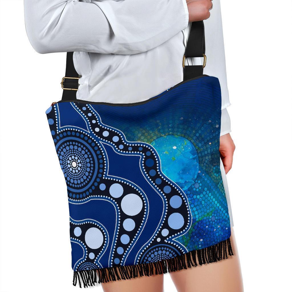 Aboriginal Crossbody Boho Handbag - Australia Indigenous Flag Circle Dot Painting Art (Blue)