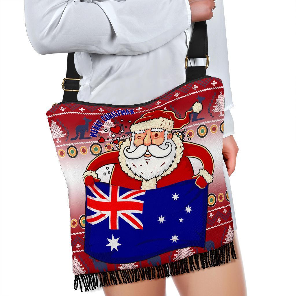 Christmas Boho Handbag - Australia Santa Claus Hold The Flag ( Red)