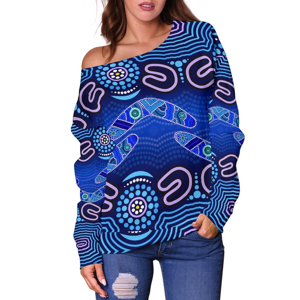 ABoriginal Women's Off Shoulder Sweater - Boomerangs And Dot Painting Art Ver02