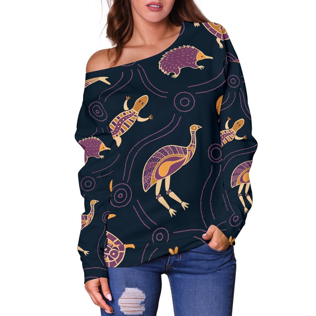 Women's Off Shoulder Sweater - Indigenous Animals Patterns