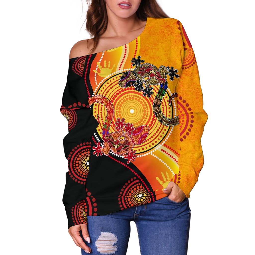 Aboriginal Women's Off Shoulder Sweater - Couple Aboriginal Lizards