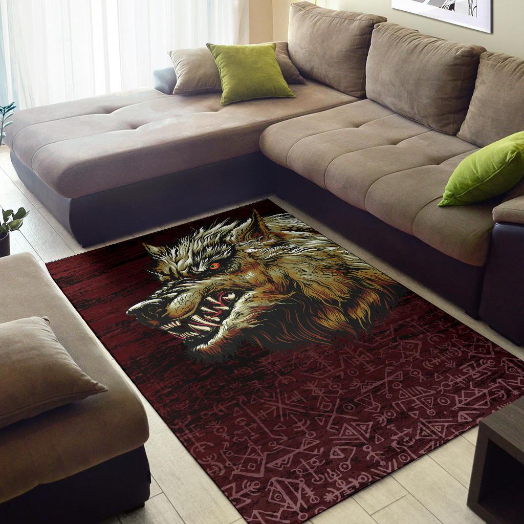 Viking Area Rug Fenrir On The Blood Moon Background