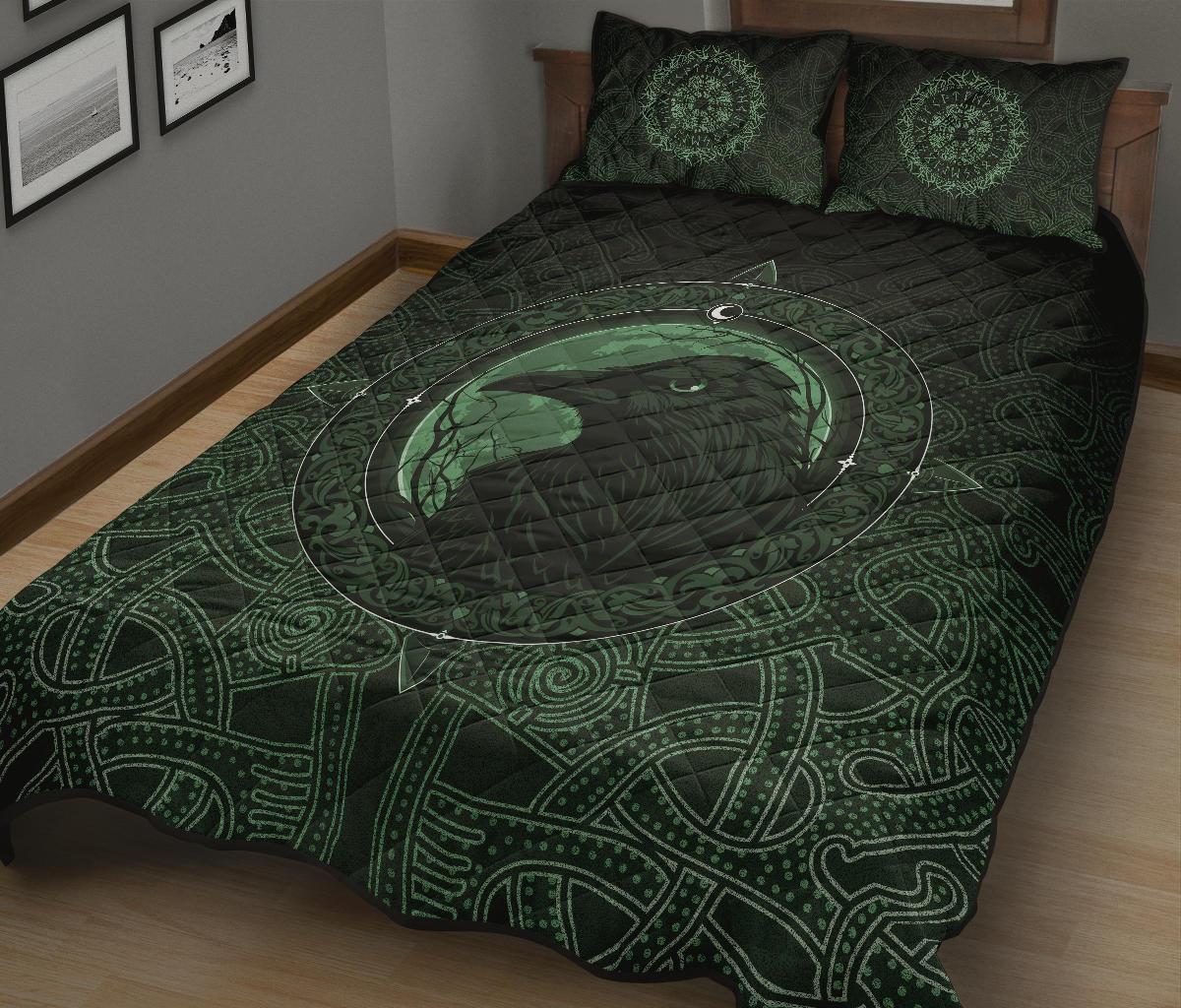 Viking Quilt Bedding Set Ethnic Odin Raven Green