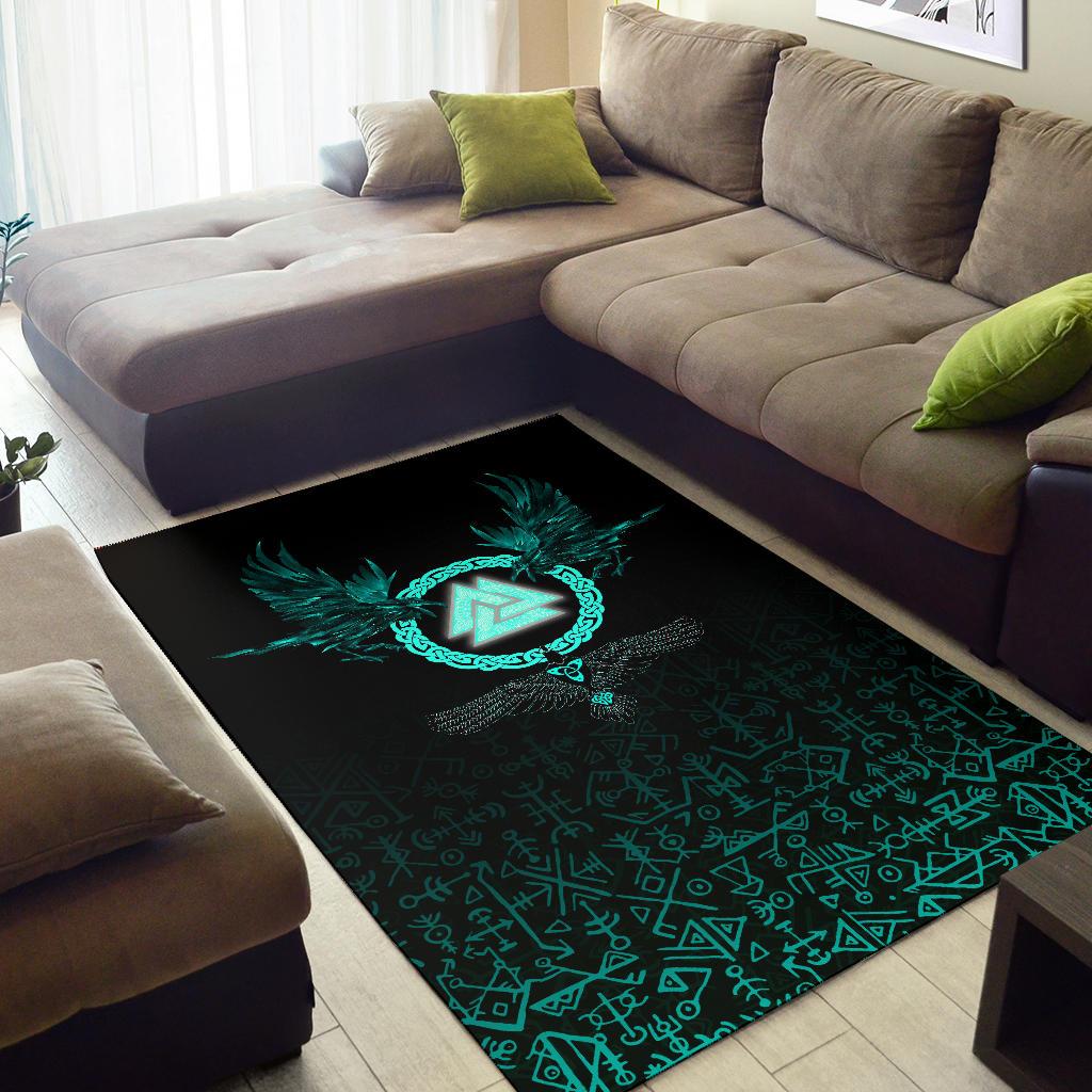 Viking Area Rug Three Raven and Valknut Cyan