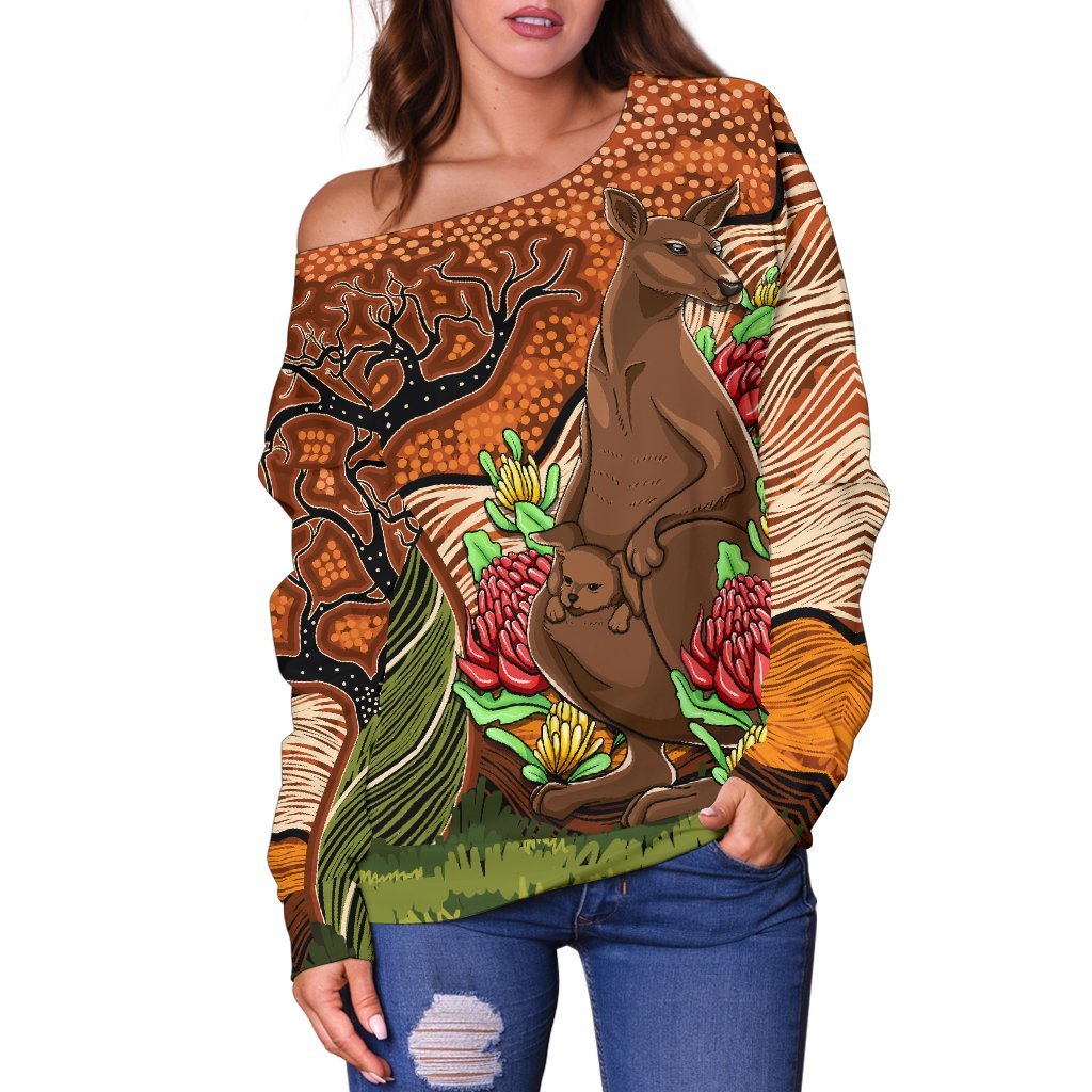 Aboriginal Women's Off Shoulder Sweater - Kangaroo With Indigenous Tree