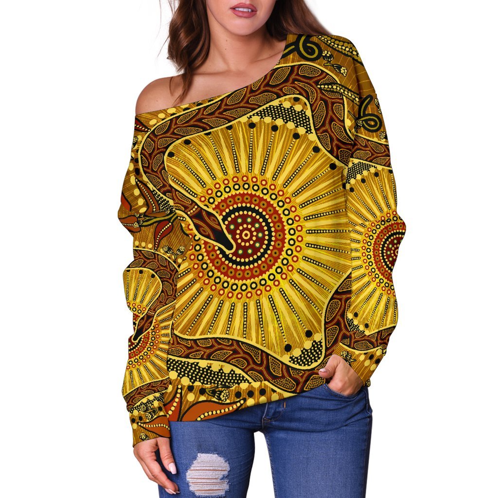 Off Shoulder Sweater - Australian Aboriginal Snake - Rainbow Serpent