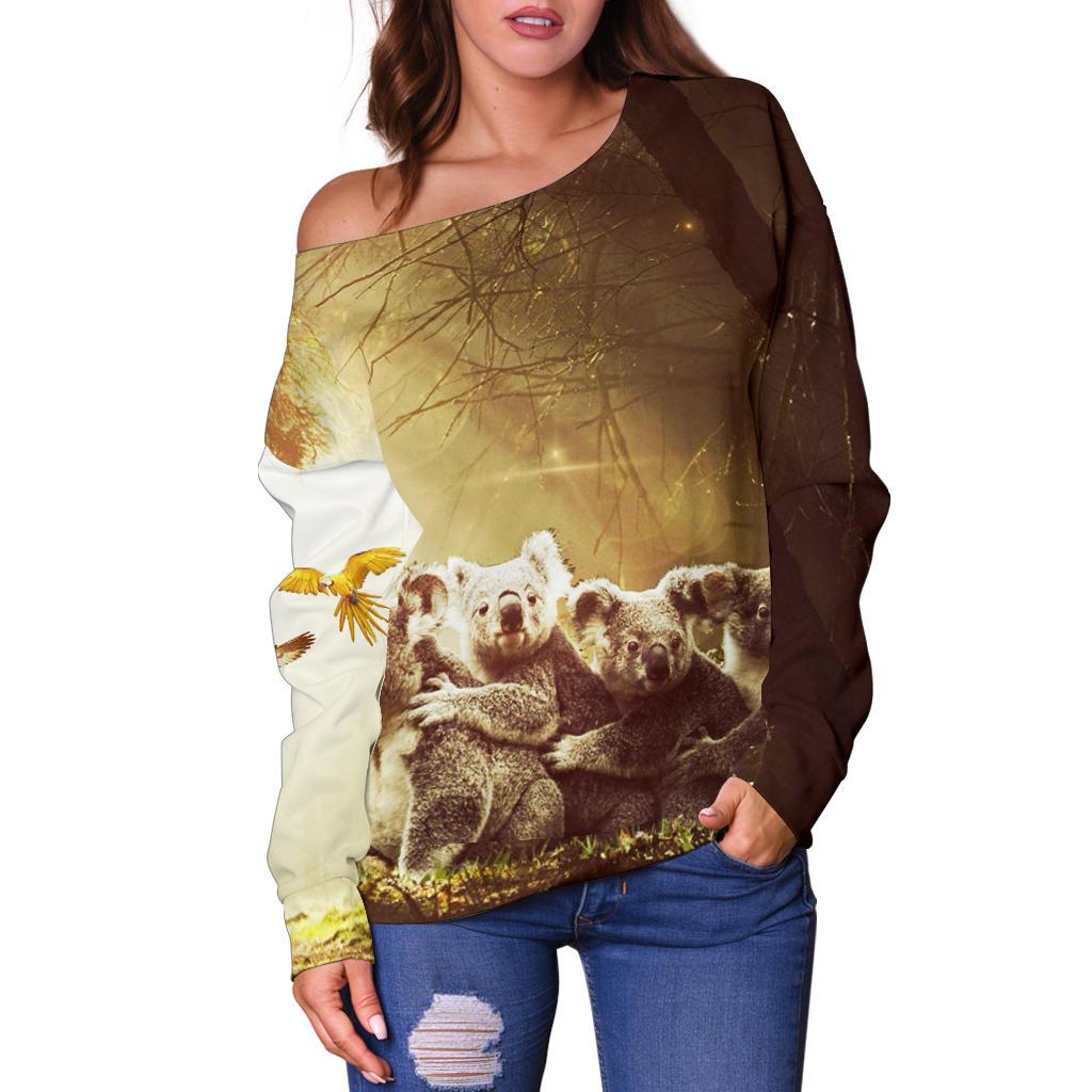 Off Shoulder Sweater - Koala Family Landscape Art