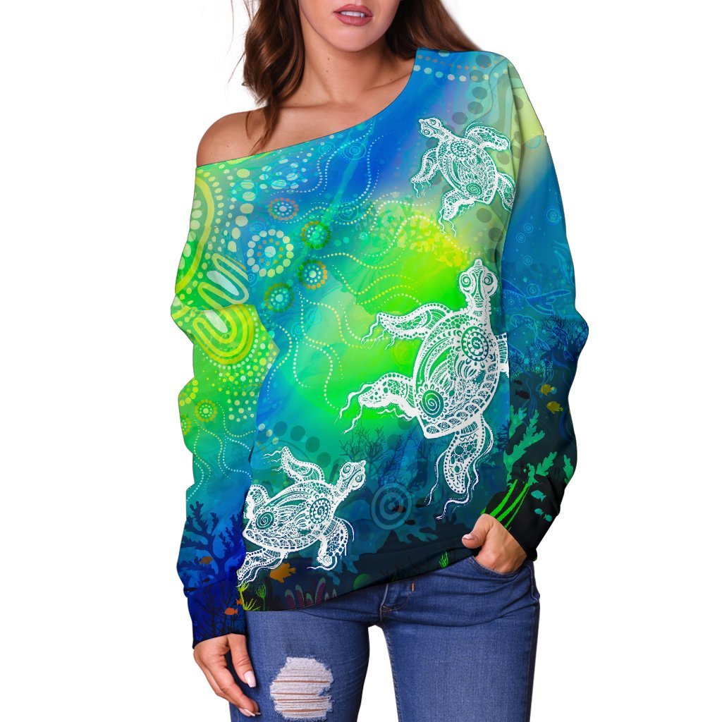 Aboriginal Women's Off Shoulder Sweater - Indigenous Turtle Ocean Dot Painting Art