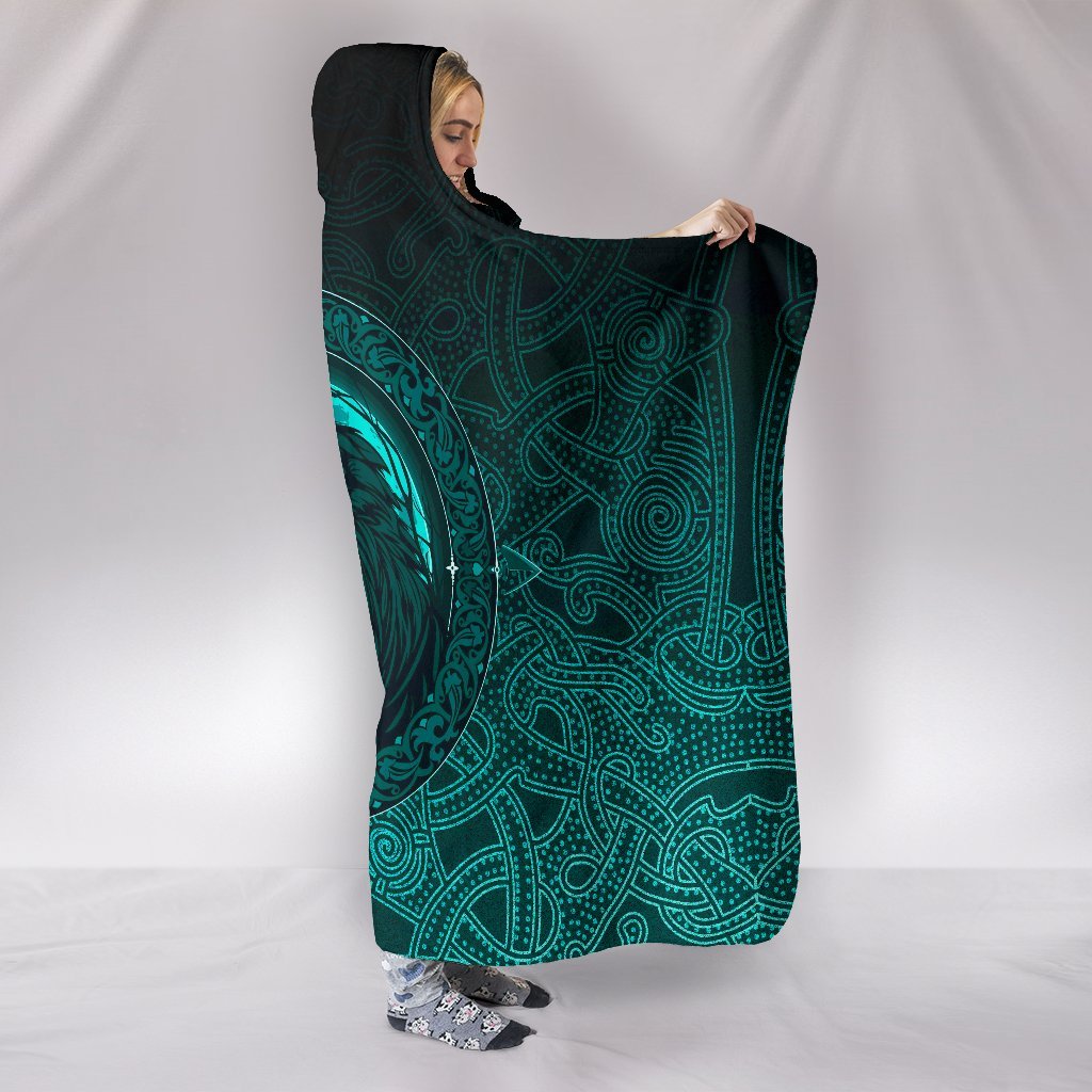 Viking Hooded Blanket Ethnic Odin Raven Cyan