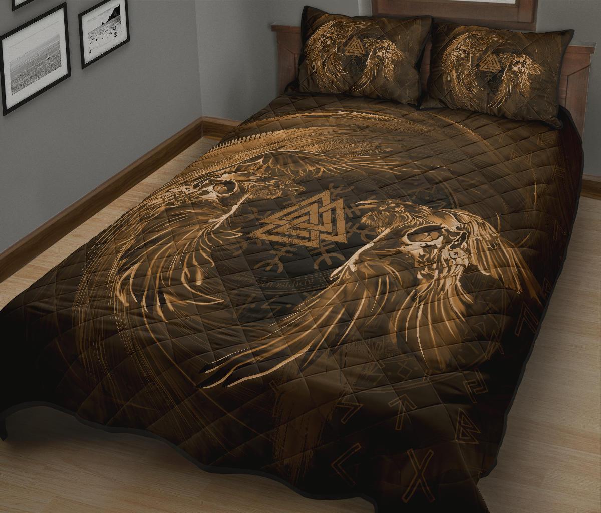 Viking Quilt Bedding Set Ravens Skull Tattoo Gold