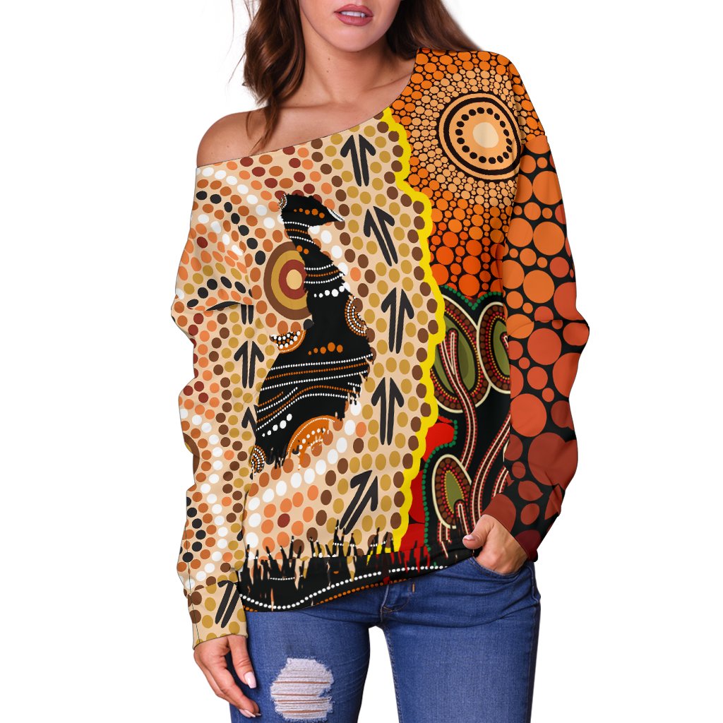 Off Shoulder Sweater - Australian Aboriginal Sun and Emu