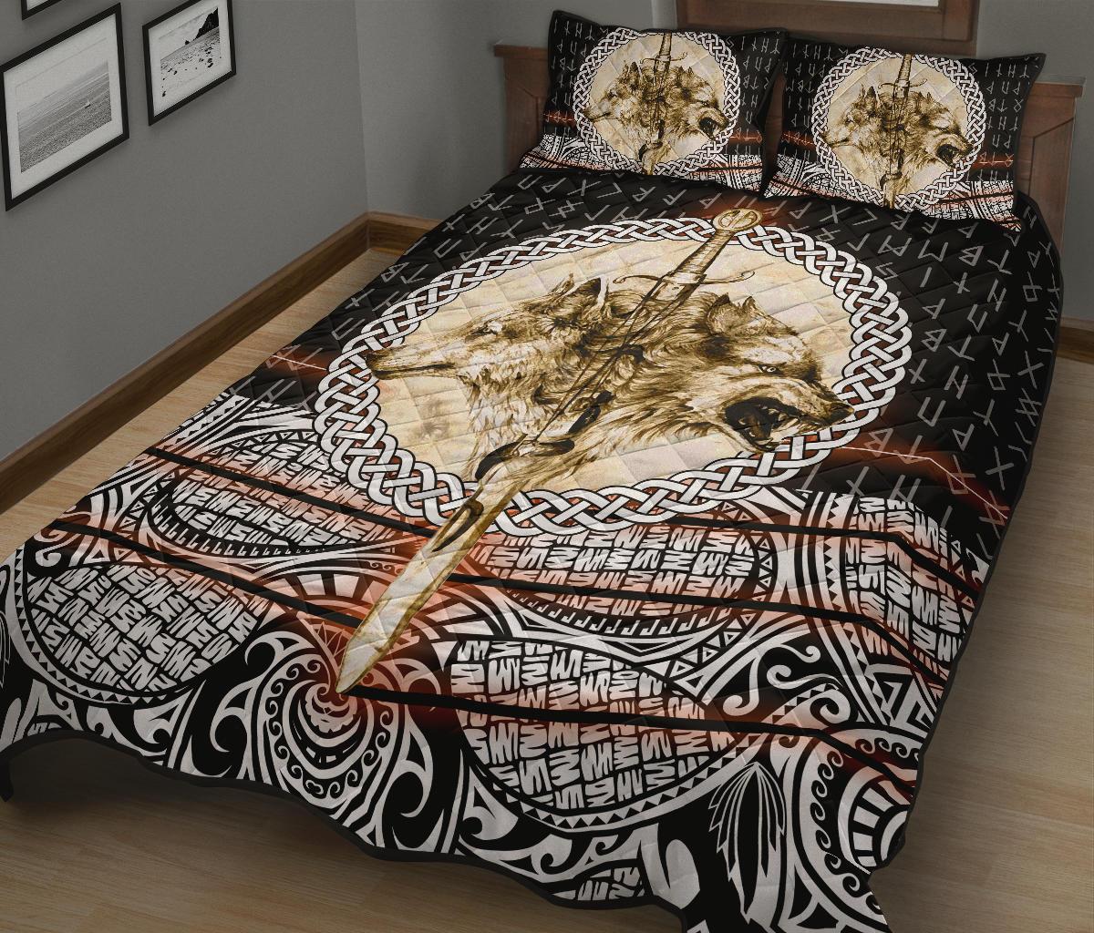 Viking Quilt Bedding Set Wolf and Viking Tattoo 3D