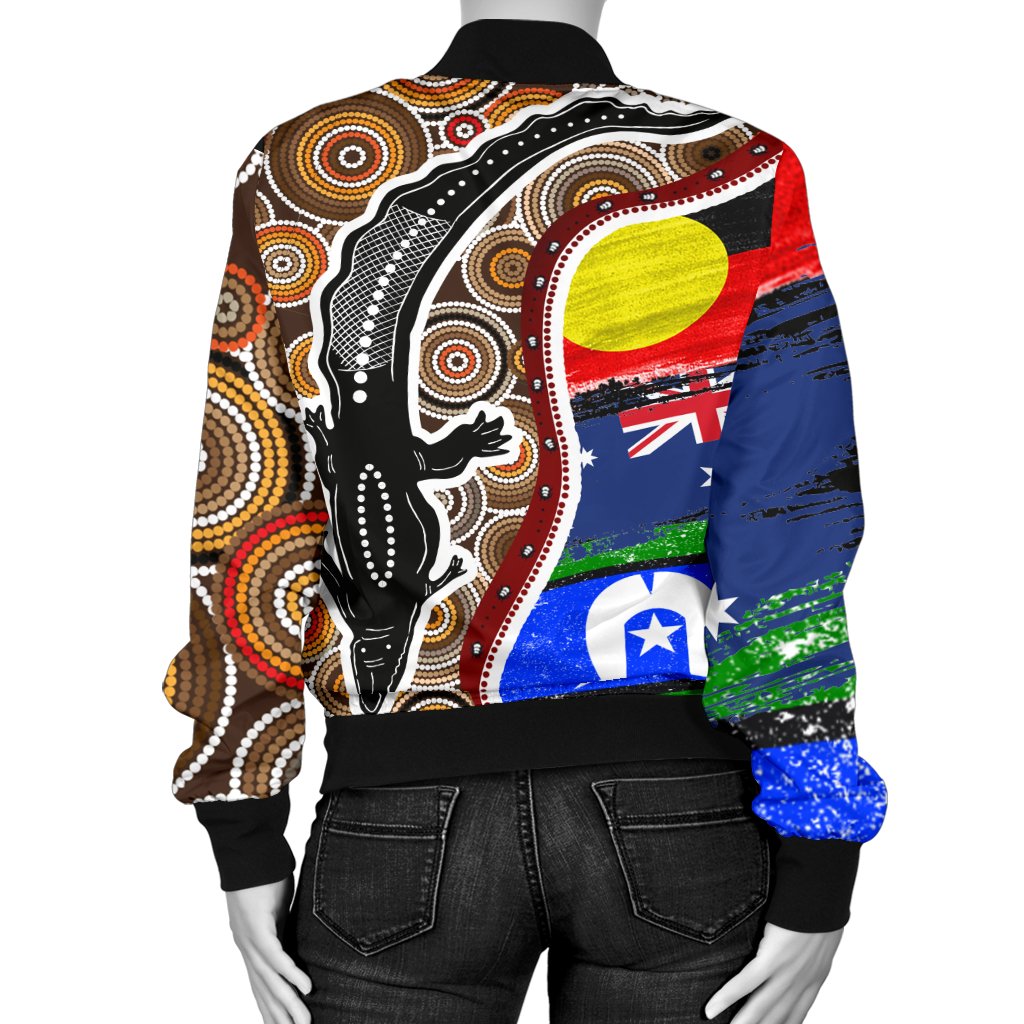 Women Bomber Jacket - Australian Aboriginal Crocodile With NAIDOC Flags