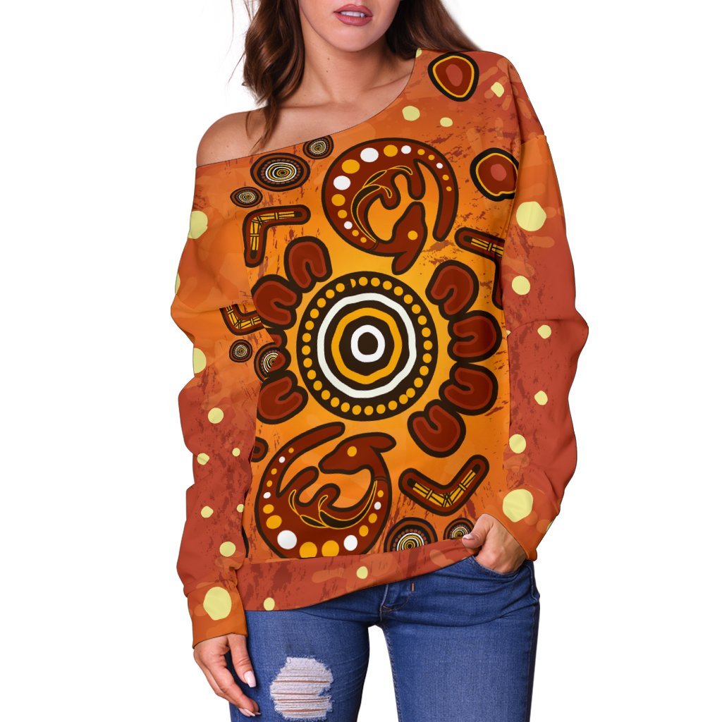 Aboriginal Women's Off Shoulder - Baby Kangaroo And Dot Painting Patterns