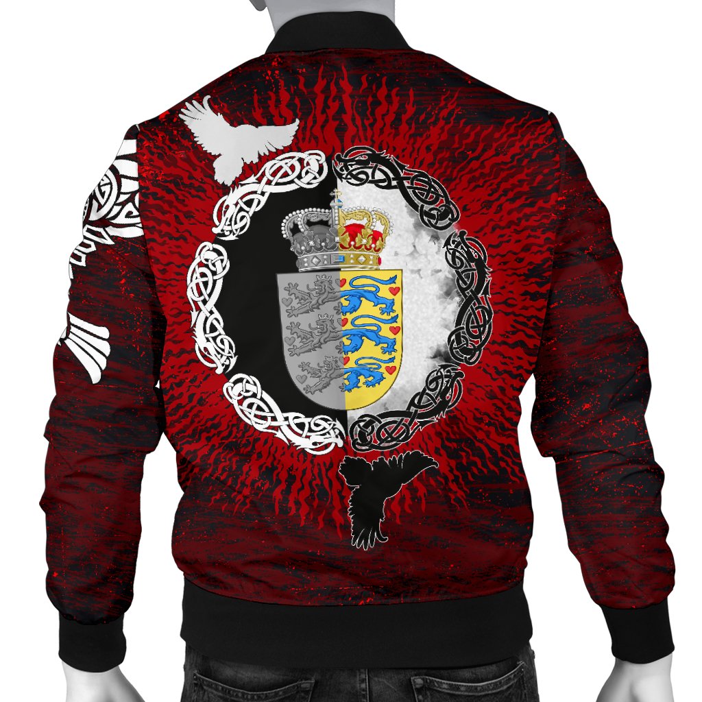 Viking Bomber Jacket Denmark Raven of Odin and Symbol Viking on Blood Background