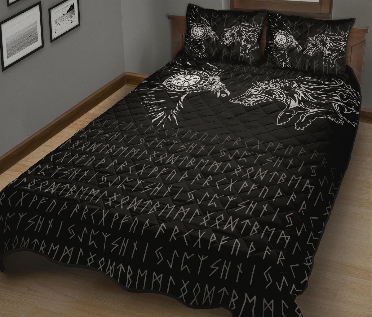 Viking Quilt Bedding Set Raven and Wolf Special Tattoo