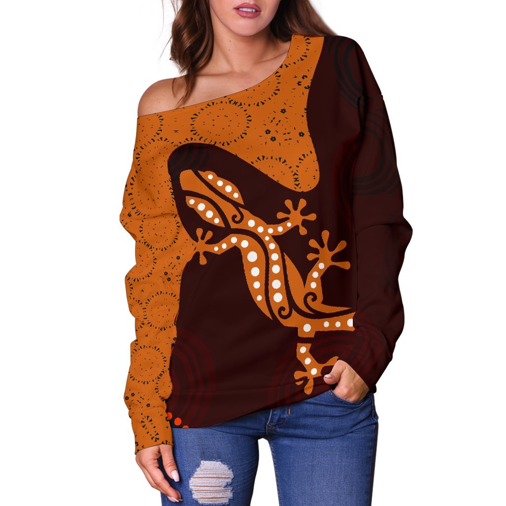 Aboriginal Women's Off Shoulder Sweater - Lizard in Aboriginal Dreaming