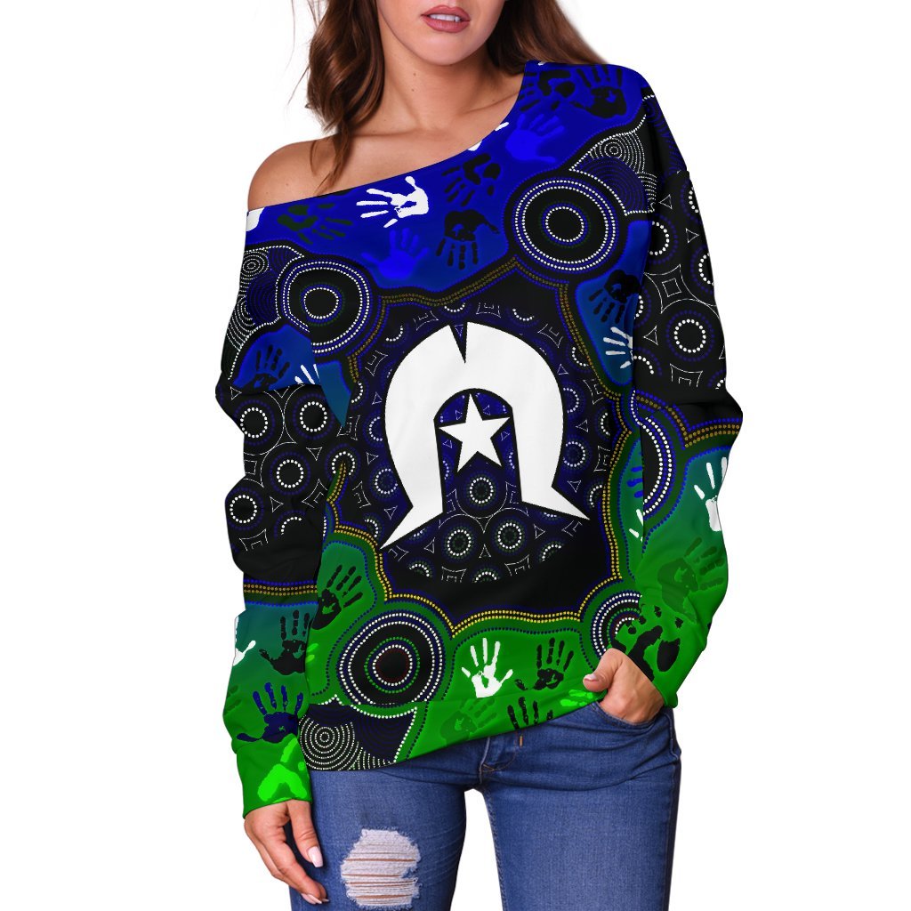 Aboriginal Women's Off Shoulder Sweater - Torres Strait Symbol With Indigenous Patterns