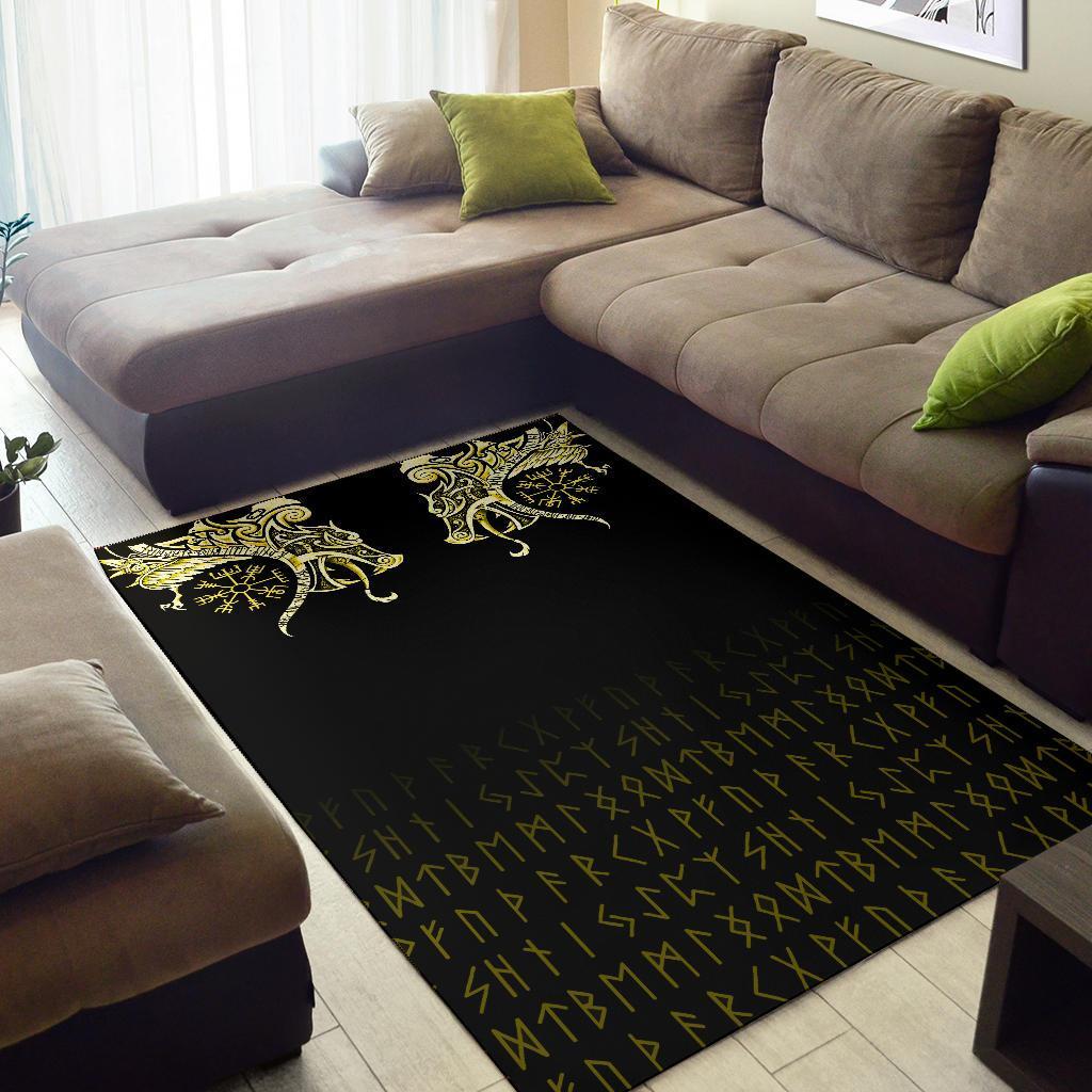 Viking Area Rug Fenrir Raven And Vegvisir Tattoo Yellow